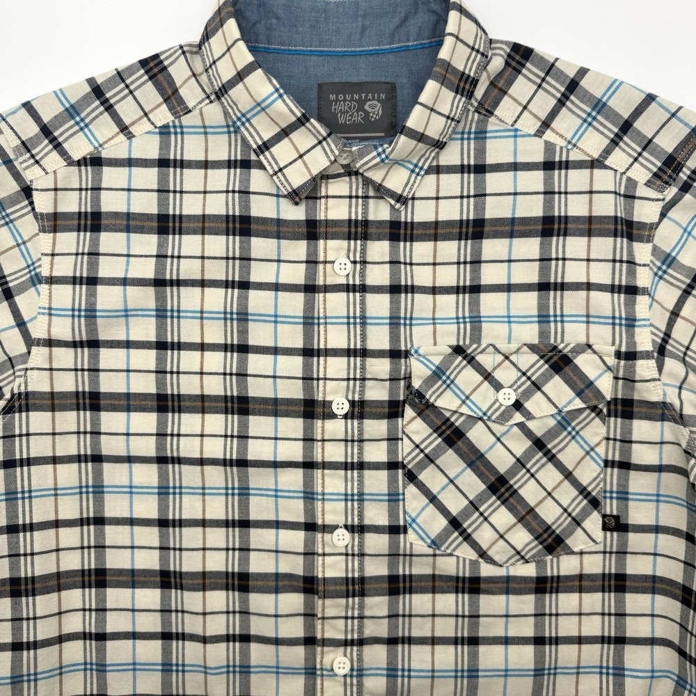 Mountain Hardwear Button Down Shirt Mens Small White Plaid Short Sleeve Hiking